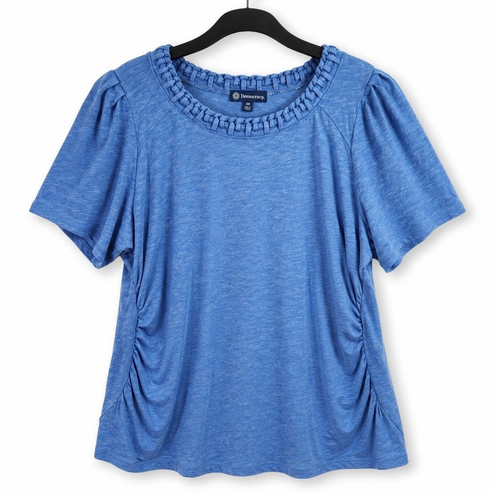 Democracy Top Womens Plus 2X Blue Woven Trim Short Sleeve Casual Boho Office NWT